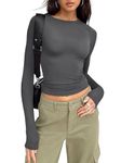 wkwmrpet Women's Long Sleeve Basic Crop Tops Trendy T Shirts Y2K Clothing Stretch Slim Fitted Basic Shirts Deep Grey