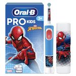 Oral-B Pro Kids Electric Toothbrush, 1 Toothbrush Head, x4 Spiderman Stickers, 1 Travel Case, 2 Modes with Kid-Friendly Sensitive Mode, For Ages 3+, 2 Pin UK Plug, Blue