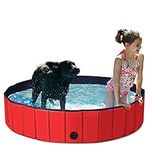 COSTWAY Foldable Dog Pool, Kid Swimming Pool Pet Bath Tub with Rotatable Drain Valve and Non-Slip Bottom, Indoor Outdoor Large Paddling Pools for Dogs Cats Kids (140*30CM, Red)