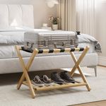 Smart FENDEE Fully Assembled Bamboo Luggage Rack, Folding Suitcase Stand with Shoe Shelf, Hold up to 150 Lbs,Ideal for Guest Room, Bedroom and Hotel, Natural Wood Color