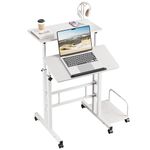 Dripex Height Adjustable Desk with wheels Sit-Stand Computer Desk Rolling Mobile Office Writing Table Riser Standing Workstation for Home Office White, L60xW60xH68-115cm