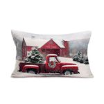 Hopyeer Merry Christmas Tree Farm Red American Farmhouse Throw Pillow Cushion Cover Realistic Red Truck Wreath Winter Snow Design Pillow Cover Cotton Linen Sofa Chair Pillow Case 12"x20" (Red-Truck)