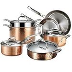 Lagostina Premium Martellata Tri-Ply Hammered Copper 11 Pc Kitchen Pots And Pans Cookware Set, Copper, (Q986Sb64)