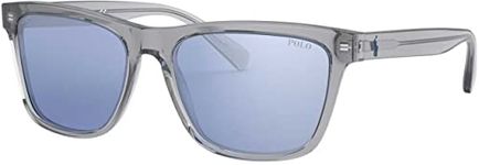 Polo Ralph Lauren Men's PH4167 Sunglasses, Shiny Transparent Grey/Light Blue/Silver Mirrored, 56 mm