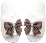 OYOANGLE Women's Cute Bow Decor Fuzzy Open Toe Indoor Home Slippers Fashionable Warm Comfy Furry Outdoor Slippers Brown 8.5