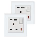 BSEED Single Socket 13A with USB A and USB C 18W, Single Plug Socket 1 Gang UK Standard, Switched Outlet with Glass Panel, Electric Power Outlet White, 2 Pack