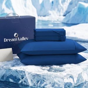 Dream Valley® Cooling Sheets King Size, Cooling Fitted Breathable Bed Sheets & Flat Sheet with 2 Pillowcases-4 PCS for Night Sweats & Hot Sleepers, Q-Max >0.45 Aerocool, Deep Pocket 16",Navy Peony