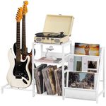 LELELINKY Record Player Table,Adjustable Guitar Stand for Acoustic Guitar, Electric Guitar, Bass, White Turntable Holder with Vinyl Storage Up to 150 Albums, Side Table with Magazine Periodical Rack