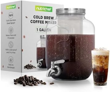 NutriChef 1-Gallon Cold Brew Coffee Maker - Wide-Mouth Glass Mason Jar Style w/Stainless Steel Spigot Tap & Reusable Mesh Filter - Leak Resistant, Drip-Free, & Easy to Clean