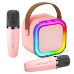 Karaoke Machine for Kids, Mini Portable Bluetooth Speaker with 2 Wireless Microphones,Gifts for Girls 3-12 Year Old Birthday Family Home Party(Pinkcolor)