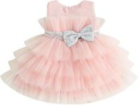 Fairy Dolls Baby Girls Frill Knee Length Dress with Sequin Bow (3-6 Months, Peach)