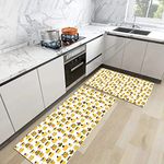 2 Piece Kitchen Mats Rug Set,Yellow,Summertime Themed Abstract Patterned Pineapples Beach Fruits Doodle,Kitchen Mats And Rugs, Non-slip, Oil Resistant Floor Mats for Kitchen, Office 45x70 cm+45x120 cm