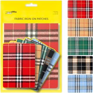 ZEFFFKA Premium Quality Large Plaid Tartan Fabric Iron-on Patches Inside & Outside Strongest Glue 100% Cotton Repair Decorating Kit Jeans Modern Cool Design 5 Pieces Size 5" by 7" (13 cm x 18 cm)