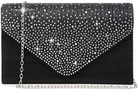 Dasein Women Satin Evening Bag Rhinestone Clutch Purse Wedding Prom Purse Formal Cocktail Party Handbag (Black)