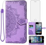 Compatible with iPhone 5S 5 SE 2016 5SE Wallet Case and Tempered Glass Screen Protector Flip Cover Card Holder Cell Phone Cases for iPhone5 iPhone5s iPhoneSE iPhone6se i 6SE iPhone5se Women Men Purple