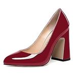 WAYDERNS Womens Patent Work Dress Slip On Round Toe Chunky High Heel Pumps Shoes 4 Inch, Burgundy, 9.5