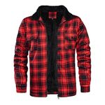 AOTORR Men's Plaid Shirt Jackets Padded Lumberjack Top Fleece Jacket Full Zip Hoodies Coat with Zip Pockets Red L