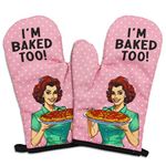 GOSJINNK 2 Pcs Funny Oven Mitts I'm Baked Too Heat Resistant Mitts Retro Housewife Silicone Non-Slip Oven Mitts with Hanging Loop Sweet Housewarming Gifts for Baking Lover Hostess Family Friend