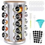 Spice Rack Organizer with Jars for Cabinet (20Pcs) Revolving/Rotating Seasoning Organizer, Stainless Steel/Wooden Countertop Rack Tower Organizer for Kitchen Pantry with Reusable Labels/Funnel/Brushes