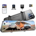 AZDOME PG17 WiFi Rear View Mirror Camera, 12" Mirror Dash Cam, Dual Camera 2.5K Front and 1080P Rear Camera for Car, Free 64GB TF Card, Waterproof Backup Camera Night Vision, Parking Assistance GPS