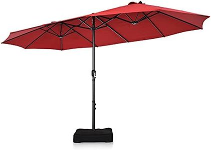 Costway 15FT Double-Sided Patio Umbrella, Ultra-Large Twin Garden Umbrella w/ 12-Rib Structure & Hand-Crank System, Outdoor Market Umbrella w/Enhanced Base for Residential & Commercial Use (Wine)