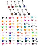 Jewellery Set of 60pcs 14 Gauge 316L Surgical Steel Belly Rings Navel Belly Button Piercings Bananabells Curved Barbells With Colourful Crystals Rhinestones and Candy Coloured Double Balls