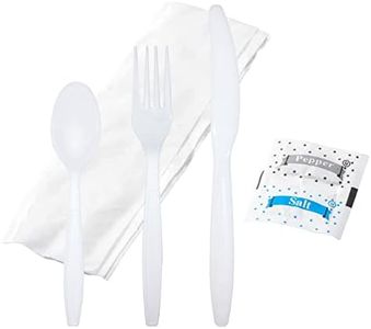 BULK HEAVY WEIGHT Cutlery Individually Wrapped White Plastic Cutlery Knife, Spoon, Fork Pack with Napkin and Salt and Pepper Packets - Extra Strong & Extra Resistant