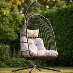 Blisswood Rattan Hanging Egg Chair with Cushion & Stand – Indoor & Outdoor Hammock Swing Chair for Garden, Patio or Balcony – Adjustable Height Wicker Pod Chairs – Supports Up to 160kg (Black)