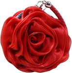 (Red) - Buddy Women Rose Shaped Clutch Soft Satin Wristlet Handbag Wedding Party Purse