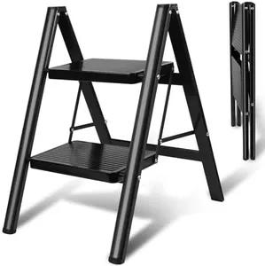 Upgraded 2 Step Ladder, 330 lbs Folding Aluminum Step Stool with Wide Anti-Slip Pedals, Lightweight & Portable Ladder for Kitchen, Closet, Office, Home Use - Black