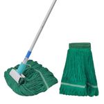 Commercial Looped-End String Mop, Commercial Mop Heavy Duty Industrial Cotton Mop 62.5-inch Handle, Cotton Mop Head, includes 3 Head for Home,Garage,Office, Workshop, Warehouse Floor Cleaning-green