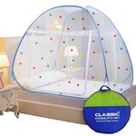 Classic Mosquito Net for Double Bed | Queen Size Foldable Machardani with 30 Pair of Stars | Polyester 30GSM Strong Net | PVC Coated Corrosion Resistant Steel Wire - Blue