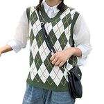 Hyipels Argyle Sweater Vest Women,Plaid Knitted Preppy Style V Neck Long Knitwear School Tank Top Girls