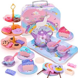 REMOKING Unicorn Toys for Girls,48 PCS Kids Tea Set for Kids,Pretend Toy W/ Play Desserts,Tin Teapot,Educational Play Food Princess Toy Gift,Toddler Toys for 6 7 Year Old Girls Boys