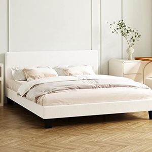 Oikiture Double Bed Frame with Wooden Slats and Boucle Fabric Bed Base Mattress Platfrom White