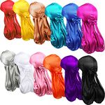 12 Pieces Silky Durag Long Tailed Turban Headwear Beanie Cap Headwraps for Men Women Running Fitness Cycling Hiking Camping, Multiple Colors