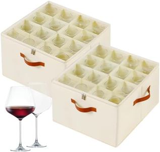 Foyego Wine Glass Storage Box with Dividers, 2 Pack Glassware Storage Containers, Stemware Storage Cases Holds 32 Wine Glasses, Stackable Crystal Storage Containers with Clear Cover for Moving，Beige