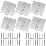 Folding Butt Hinge, ZEONHAK 6 Pack 3 Pairs 3.5 x 3.5 Inches Square Conner Door Hinges, Stainless Steel Door Hinges with Mounting Screws, Silver, One Hinges can Hold 50 lbs