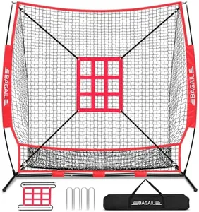 BAGAIL 7x7 ft Baseball & Softball Practice Net with Bow Frame for Batting, Hitting, Pitching, Portable Baseball Throwing Net with Strike Zone, Carry Bag, Baseball Training Aid for All Levels