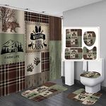 Camille&Andrew 4PCS Cabin Shower Curtain Set, Patchwork Brown Buffalo Plaid Bear Deer Elk Moose Woodland Animals Wildlife Hunting Lodge Country Rustic Farmhouse Cabin Bathroom Decor, Non-slip Bath Mat