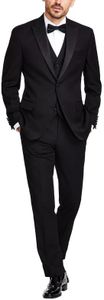 Adam Baker Men's 100% Wool Single Breasted Three Piece Peak Lapel Tuxedo - Black - 44S
