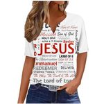 Zzalalana Womens Jesus Print Shirts Bible Verse Button V Neck T-Shirt Fashion Religious Christian Short Sleeve Tops White