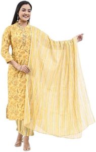 Meyali Cotton Kurti Set For Women | Indian Women Printed Kurti Set With Pant | Set Includes Printed Kurti, Pant & Dupatta, Mango Yellow, Medium