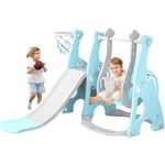 EAQ 4-in-1 Slide and Swing Set with Climber and Basketball Hoop,Play Climber Slides Playset for Indoor & Backyard (Blue)