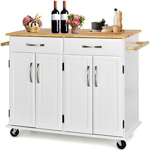 COSTWAY Carro Rodante para Isla de Cocina con Encimera de Madera, Carro Utilitario de Comedor de 4 Puertas con Estantes Ajustables, 2 Cajones Grandes, Toallero, Gabinete con Ruedas (Blanco)