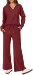 ANRABESS Women's 2 Piece Outfits Lounge Sets Casual Long Sleeve Sweatsuits Polo Top Wide Leg Pants Fall Sweat Matching Sets Red X-Large