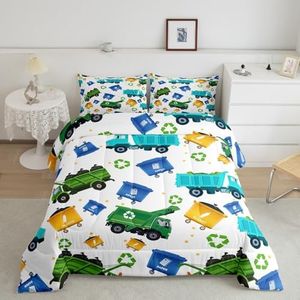 Feelyou Cartoon Garbage Truck Bedding Set Green Trash Truck Comforter Set for Kids Boys Girls Teens Green Vehicle Car Comforter Garbage Truck Toy Print Duvet Set 2Pcs Twin Size