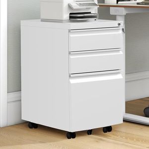 DWVO 3-Drawer Mobile File Cabinet, Pre-Assembled Metal Filing Cabinet for Legal/Letter Size, Lockable Office Storage with 6 Casters, White