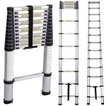 SogesHome 12.5ft Aluminum Folding Ladder Telescopic Extension Ladder 12 Steps Extendable Telescoping Ladder with Spring Loaded Locking Mechanism Non-Slip Ribbing 330lbs Capacity EN131 Certified, NSDCA-JF-001