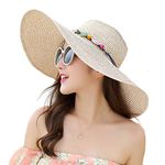 Adrinfly Women Foldable Floppy Wide Brim Straw Sun Hat Travel Packable Adjustable Summer Beach Accessories Hat UV UPF 50+, Khaki, One Size